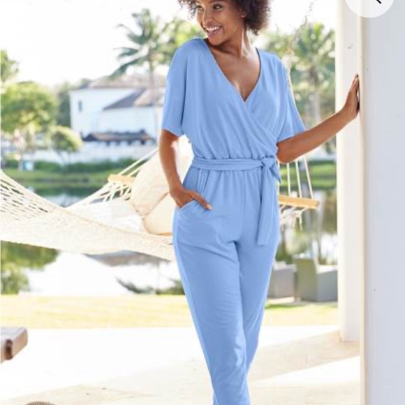 VENUS Light Blue V-Neck Jumpsuit - Picture 1 of 5